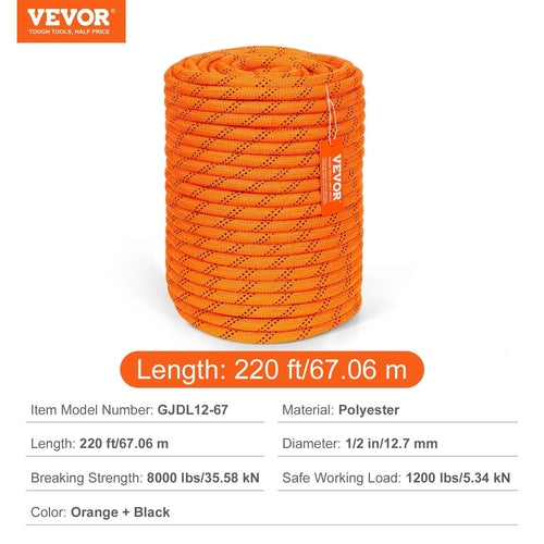 VEVOR Arborist Tree Climbing Rope Double Braid Polyester 1/2"/1.3 cm x