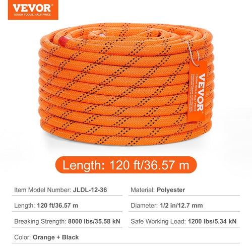 VEVOR Arborist Tree Climbing Rope Double Braid Polyester 1/2"/1.3 cm x